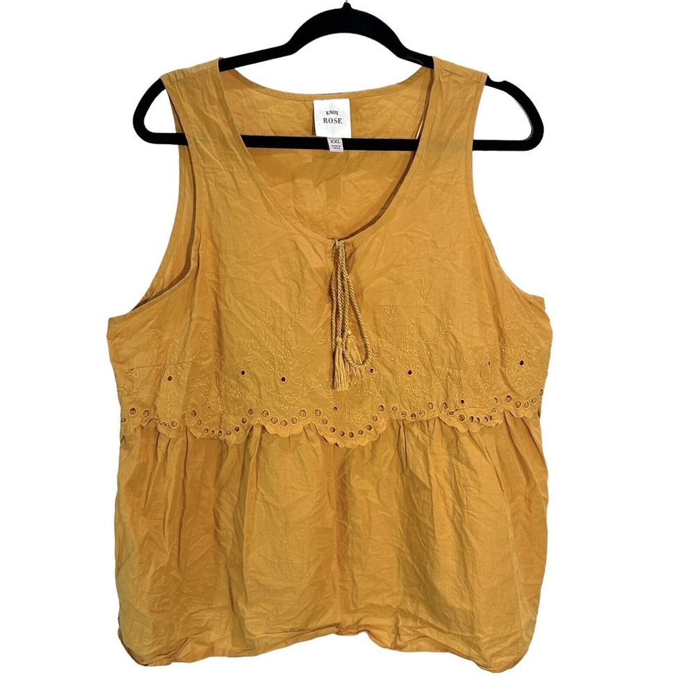 Knox Rose Womans Plus Size XXL Sleeveless Crochet Mustard Flowy Tassel Top